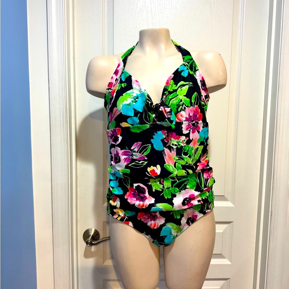 Catalina Black and Pink One Piece Swimsuit Halter Style size 12